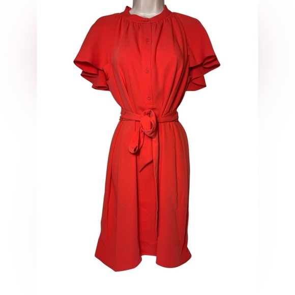 Trina Turk Mock Neck Button Up A-line Dress in Corral Red SZ 4 with Belt - Picture 2 of 9